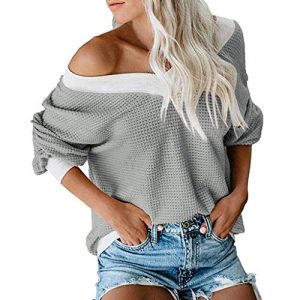 Driuankeji Sweaters for Women V Neck Waffle Knit Tops Off Shoulder Oversized Pullover Sweater Gray