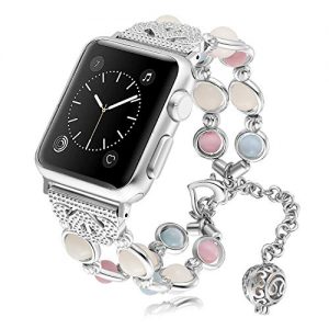 GZ GZHISY Bracelet Compatible for Apple Watch Band 38mm 40mm, Women Girl Handmade Night Luminous Pearl Wristband, Adjustable Clasp Strap with Perfume Storage for iWatch Series 5,4,3,2,1, S/M, Silver