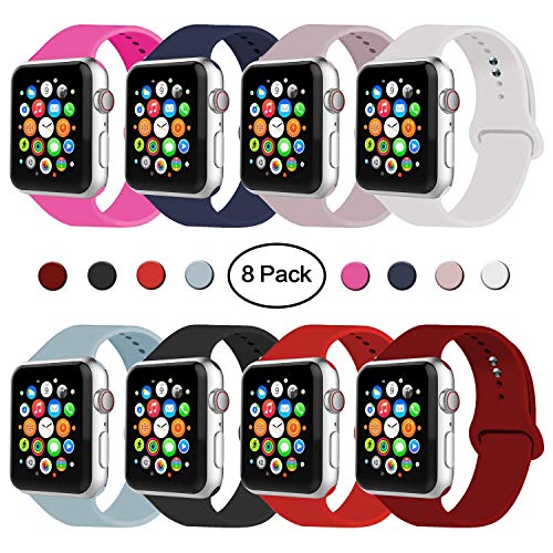 IYOU Sport Band Compatible with Watch Band 38MM 42MM 40MM 44MM, Soft Silicone Replacement Sport Strap Compatible with 2018 Watch Series 5/4/3/2/1(Z 8 Pack,38MM, S/M),