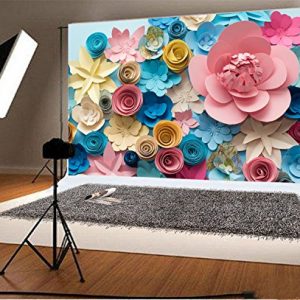 Laeacco Vinyl 7x5ft Photography Background Colorful Flowers Paper Background Pattern Lovely Style Champagne Blue Pink Blossoming Flower Backdrops Portraits Shooting Video Studio Props 2.2×1.5m