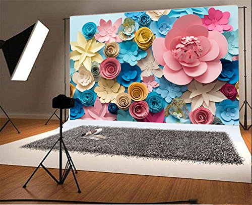 Laeacco Vinyl 7x5ft Photography Background Colorful Flowers Paper Background Pattern Lovely Style Champagne Blue Pink Blossoming Flower Backdrops Portraits Shooting Video Studio Props 2.2×1.5m