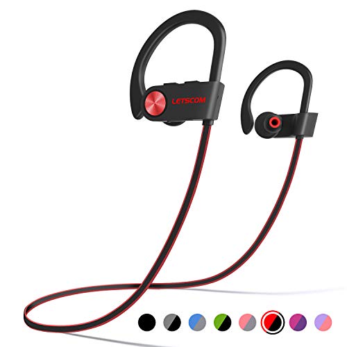 LETSCOM Bluetooth Headphones IPX7 Waterproof, Wireless Sport Earphones, HiFi Bass Stereo Sweatproof Earbuds w/Mic, Noise Cancelling Headset for Workout, Running, Gym, 8 Hours Play Time,