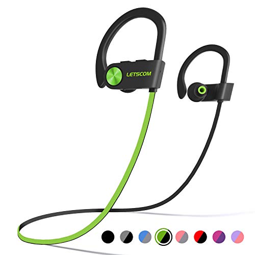 LETSCOM Bluetooth Headphones IPX7 Waterproof, Wireless Sport Earphones, HiFi Bass Stereo Sweatproof Earbuds w/Mic, Noise Cancelling Headset for Workout, Running, Gym, 8 Hours Play Time,
