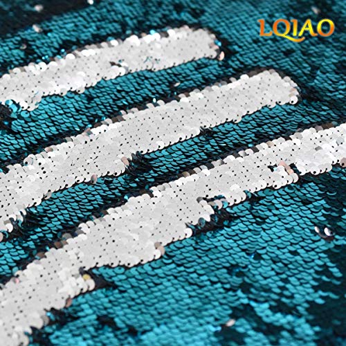 LQING 125cmx45cm Turquoise Silver Reversible Sequin Fabric Two Tone Mesh Knit Mermaid Sequin Fabric Table/ Wedding Decoration/Evening Dress
