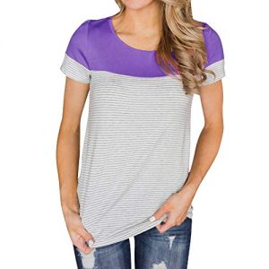 【MOHOLL】 Women’s Casual Round Neck Striped Color Block Short Sleeve Shirts Blouses Tops Purple