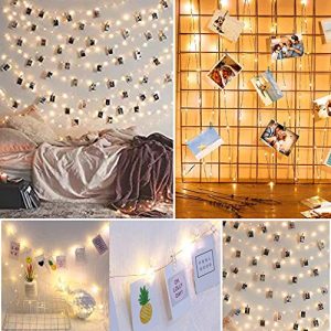 Photo Clip String Lights, 100 LED Fairy String Lights with 50 Clear Clips for Hanging Pictures, Battery Powered Copper Wire Starry String Fairy Light Christmas Tree Bedroom Decor (100LED with 50 Clip)