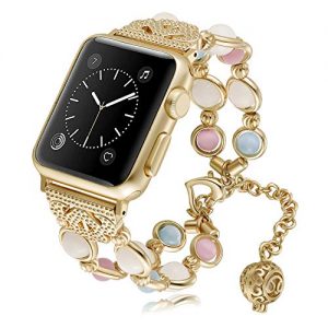 GZ GZHISY Bracelet Compatible for Apple Watch Band 42mm 44mm, Women Girl Handmade Night Luminous Pearl Wristband, Adjustable Clasp Strap with Perfume Storage for iWatch Series 5,4,3,2,1, M/L, Gold