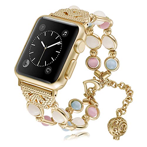 GZ GZHISY Bracelet Compatible for Apple Watch Band 42mm 44mm, Women Girl Handmade Night Luminous Pearl Wristband, Adjustable Clasp Strap with Perfume Storage for iWatch Series 5,4,3,2,1, M/L, Gold