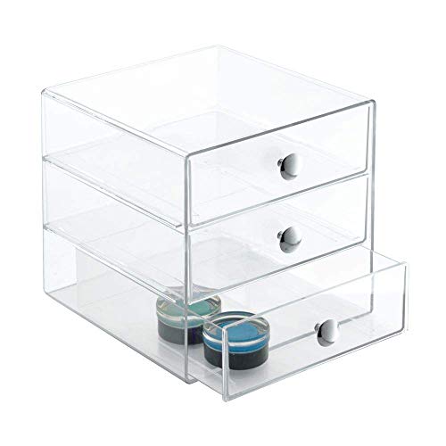 iDesign 3-Drawer Plastic Vanity Organizer, Compact Storage Organization Set for Dental Supplies, Hair Care, Bathroom, Office, Dorm, Desk, Countertop, Office, 6.5″ x 6.5″ x 6.5″, Clear