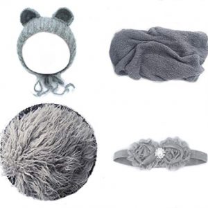 Jay-EE Newborn 4 Pcs Photography Props Set Baby Photo Prop Long Ripple Stretch Wrap, Headband, Ears Hat and Faux Fur Backdrop Blanket (Grey), 0-3 mths