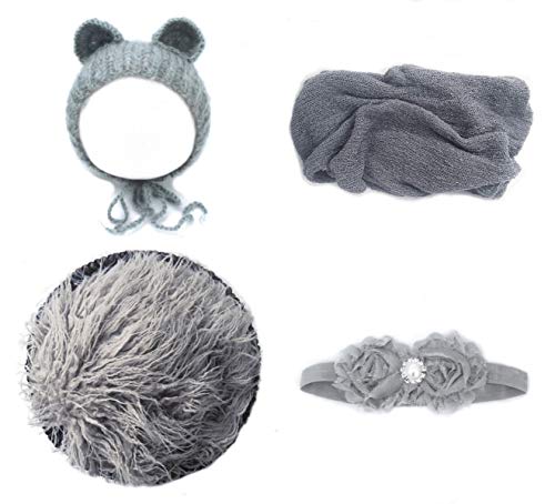 Jay-EE Newborn 4 Pcs Photography Props Set Baby Photo Prop Long Ripple Stretch Wrap, Headband, Ears Hat and Faux Fur Backdrop Blanket (Grey), 0-3 mths