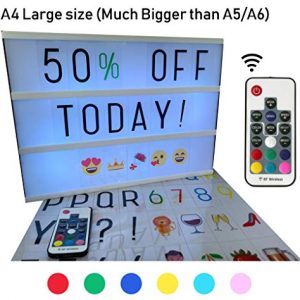 Large A4 Cinematic Light Box with Remote Control and 211 Letters and Colored Emojis. Light up Letters for LED Message Board, Sign, Marquee. USB and AA Battery. Light up Letter Box by BestCircle