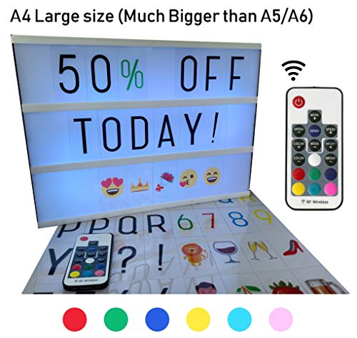 Large A4 Cinematic Light Box with Remote Control and 211 Letters and Colored Emojis. Light up Letters for LED Message Board, Sign, Marquee. USB and AA Battery. Light up Letter Box by BestCircle