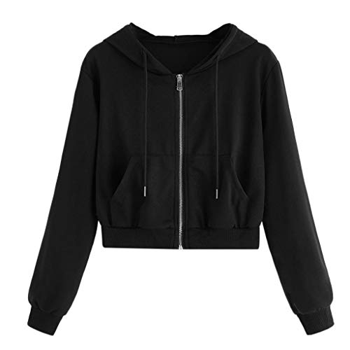 Panfinggin Lightweight Thin Zip-Up Long Sleeve Crop Top Hoodie Sweatshirt for Women, S-XL Black