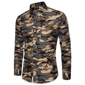 Pervobs Mens Long Shirts, Big 2018 Newest Men Casual Long Sleeve Shirts Camouflage Print Formal Pullover Top Blouse (M, Khaki)
