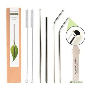 New Reusable Straws Stainless Steel Drinking 8.6 inch Long Food-Grade Portable Metal Eco Straws with Spring Slide Case & Cleaning Brush (Gray)