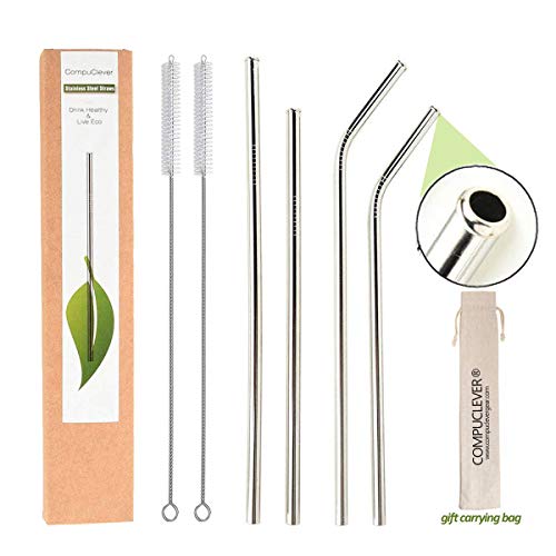 New Reusable Straws Stainless Steel Drinking 8.6 inch Long Food-Grade Portable Metal Eco Straws with Spring Slide Case & Cleaning Brush (Gray)